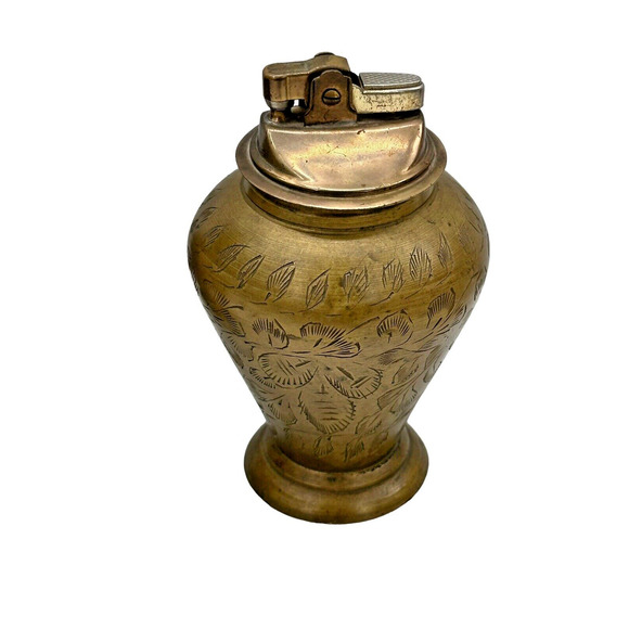 Antique Brass Table Lighter And Vase SET Etched Traditional Style - Picture 2 of 9